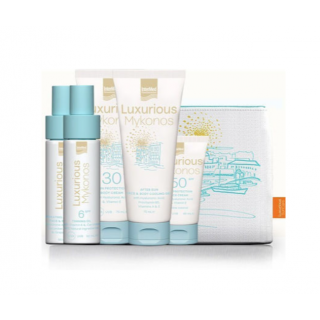 InterMed Luxurious Sun Care Mykonos Travel Kit (Αντηλιακό Σώματος SPF30, Τζέλ για Μετά τον Ήλιο, Λάδι Μαυρισματος SPF6, Ενυδατικό-Αντιοξειδοτικό Σπρέι,  Αντηλιακό Προσώπου SPF50)