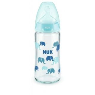 Nuk First Choice Plus Γυάλινο Μπιμπερό με Θηλή Σιλικόνης με Δείκτη Ελέγχου Θερμοκρασίας (10.745.124, Ελέφαντες) 240ml