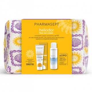 Pharmasept Heliodor Promo Αντηλιακή Κρέμα Προσώπου SPF50, 50ml & Δώρο Heliodor  Ενυδατική Λοσιόν Προσώπου & Σώματος Για Μετά Τον Ήλιο, 100ml Σε Limited Edition Αδιάβροχο Τσαντάκι