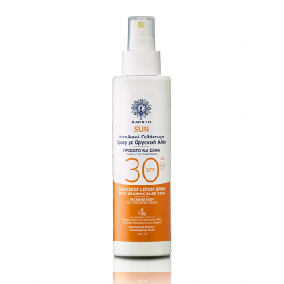 Garden Sunscreen Lotion Face and Body Spray With Organic Aloe Αντηλιακό Γαλάκτωμα Spray Για Πρόσωπο Και Σώμα Με Οργανική Αλόη SPF30 150ml