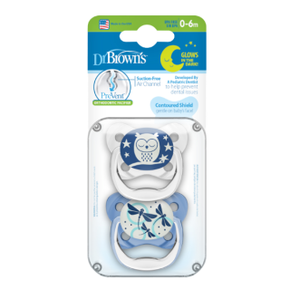 Dr. Brown's PreVent™ Contoured Glow-In-The-Dark Silicone Pacifiers 0-6m Blue-Owl (PV12008) 2Items