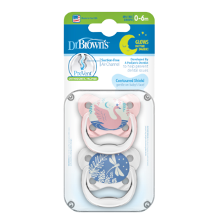 Dr. Brown's PreVent™ Contoured Glow-In-The-Dark Silicone Pacifiers 0-6m Pink Swan (PV12007) 2Items