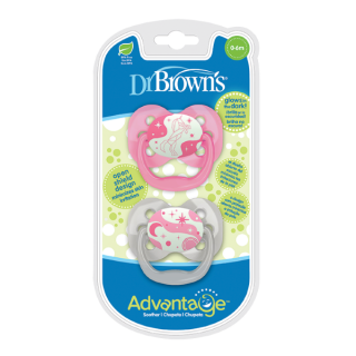 Dr. Brown's Advantage™ Glow-In-The-Dark Silicone Pacifiers 0-6m Unicorn-Pink (PA12004) 2pcs